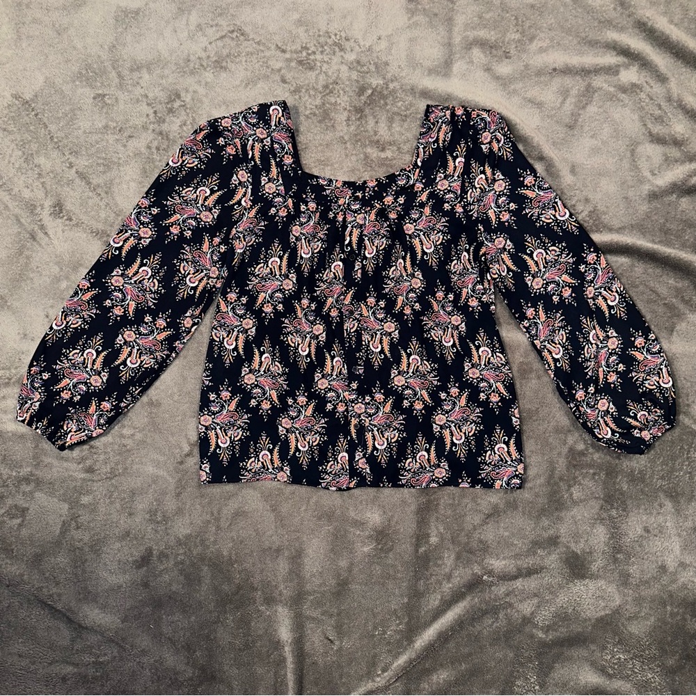 Loft Outlet Women’s Button Front Long Sleeve Patterned Navy Blouse - Medium